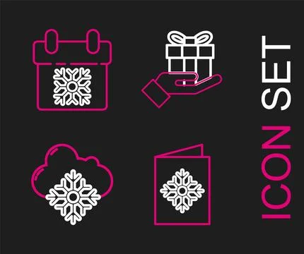 Set line Christmas postcard, Cloud with snow, Gift box in hand and Calendar.. イラスト素材