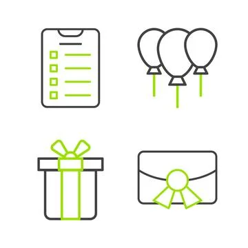 Set line Christmas postcard, Gift box, Balloons with ribbon and New year goals Stock Illustration