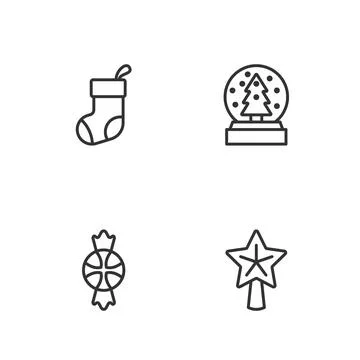 Set line Christmas star, Candy, stocking and snow globe icon. Vector Stock Illustration