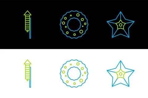 Set line Christmas star, Firework rocket and wreath icon. Vector Stock Illustration