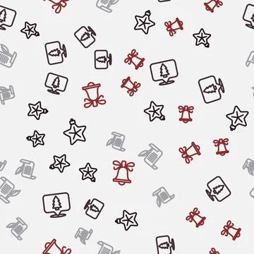 Set line Christmas star, tree, Envelope and ringing bell on seamless pattern Stock Illustration