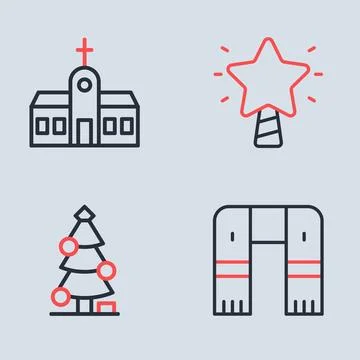 Set line Christmas star, tree, Winter scarf and Church building icon. Vector イラスト素材