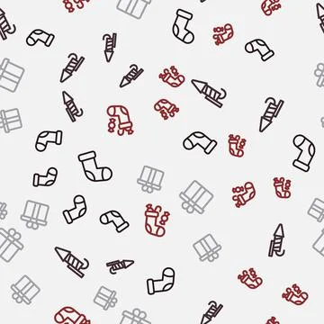 Set line Christmas stocking, Firework rocket, Gift box and on seamless pattern Illustrazione stock