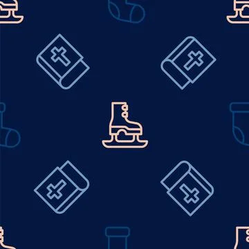 Set line Christmas stocking, Holy bible book and Skates on seamless pattern Stock Illustration