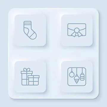 Set line Christmas stocking, postcard, Gift box and lights. White square button Stock Illustration