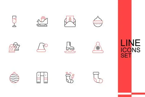Set line Christmas stocking, Winter scarf, ball, Santa Claus hat, Skates,  .. Stock Illustration