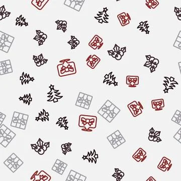 Set line Christmas tree, Branch viburnum, Gift box and bow on seamless pattern Stock Illustration