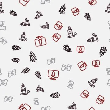 Set line Christmas tree, Burning candle, mittens and on seamless pattern. Vector Stock Illustration