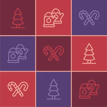 Set line Christmas tree, Candy cane with stripes and mittens icon. Vector Stock Illustration