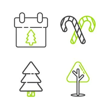 Set line Christmas tree, candy cane with stripes and Calendar icon. Vector Stock Illustration