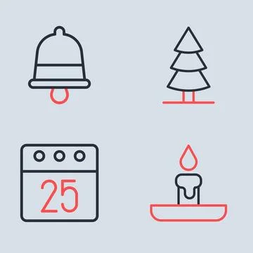 Set line Christmas tree, day calendar, Burning candle and ringing bell icon.. 스톡 일러스트