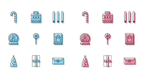 Set line Christmas tree with decorations, Gift box, candy cane stripes, Envelope 스톡 일러스트