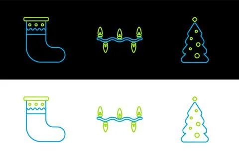 Set line Christmas tree with decorations, stocking and lights icon. Vector Stock Illustration