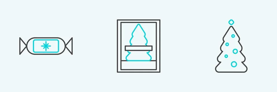 Set line Christmas tree with decorations, Candy and postcard icon. Vector Stock Illustration