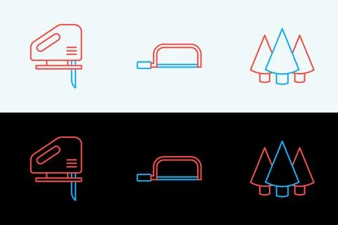 Set line Christmas tree, Electric jigsaw and Hacksaw icon. Vector Stock Illustration