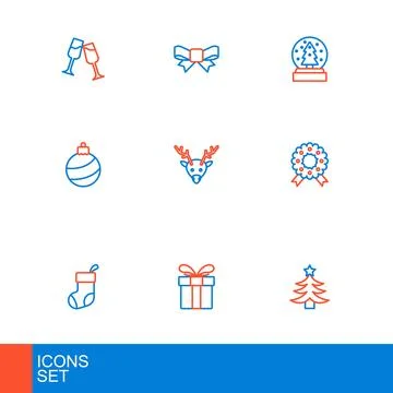 Set line Christmas tree, Gift box, stocking, wreath, ball, Reindeer, snow g.. Stock Illustration