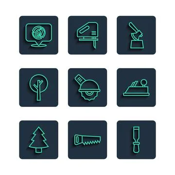 Set line Christmas tree, Hand saw, Chisel tool, Wooden axe in stump, Electric Stock Illustration