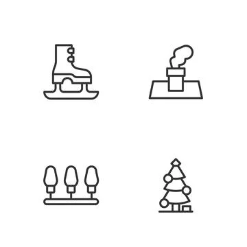 Set line Christmas tree, lights, Skates and chimney icon. Vector Illustrazione stock