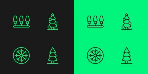 Set line Christmas tree, Snowflake, lights and  icon. Vector Stock Illustration