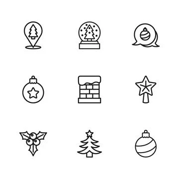 Set line Christmas tree, star, ball, chimney, snow globe and  icon. Vector Stock Illustration