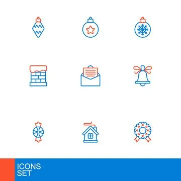 Set line Christmas wreath, Merry house, Candy, ringing bell, chimney, Envel.. Stock Illustration