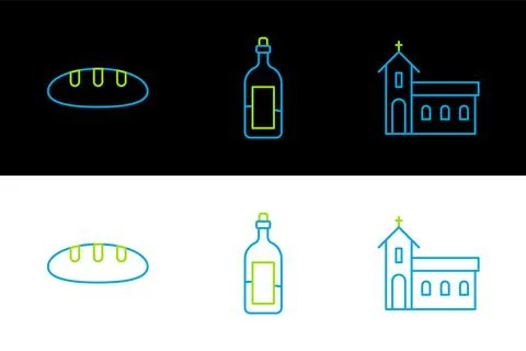Set line Church building, Bread loaf and Bottle of wine icon. Vector Ilustración de archivo
