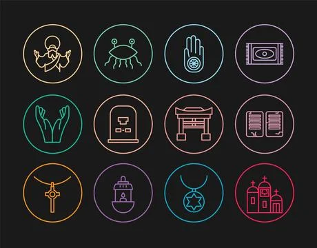 Set line Church building, The commandments, Jainism or Jain Dharma, Tombsto.. Stock Illustration