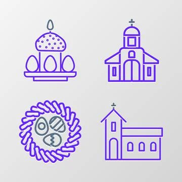 Set line Church building, Easter egg a wicker nest, and cake and eggs icon Ilustración de archivo