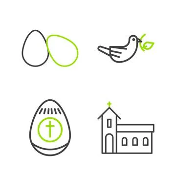 Set line Church building, Easter egg, Peace dove with olive branch and eggs icon 스톡 일러스트