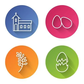 Set line Church building, Easter eggs, Willow leaf and Broken egg. Color circle Ilustración de archivo