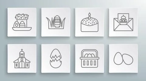 Set line Church building, Easter egg, Broken, Basket with easter eggs, cake.. Ilustración de archivo