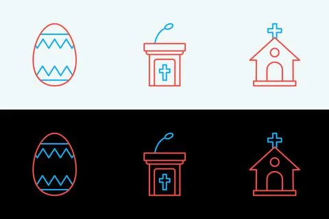 Set line Church building, Easter egg and sermon tribune icon. Vector Illustrazione stock