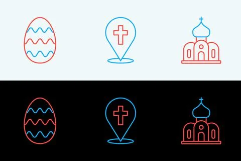 Set line Church building, Easter egg and Location church icon. Vector Illustrazione stock
