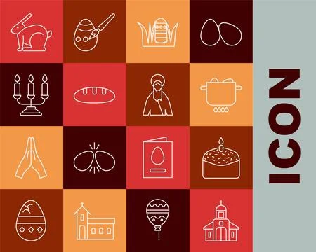 Set line Church building, Easter cake and candle, Egg hot pot, egg, Bread l.. Ilustración de archivo