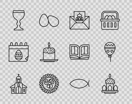 Set line Church building, Easter cake and eggs, Greeting card with Happy, w.. Ilustración de archivo