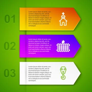 Set line Church building, Heating radiator, Industrial hook and Test tube and Ilustración de archivo