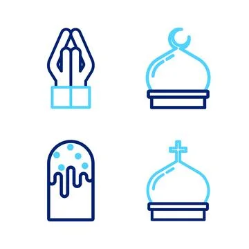 Set line Church tower, Easter cake, Muslim Mosque and Hands in praying posi.. Stock Illustration