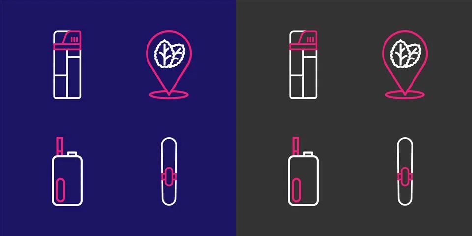 Set line Cigar, Electronic cigarette, Tobacco leaf and Lighter icon. Vector Stock Illustration