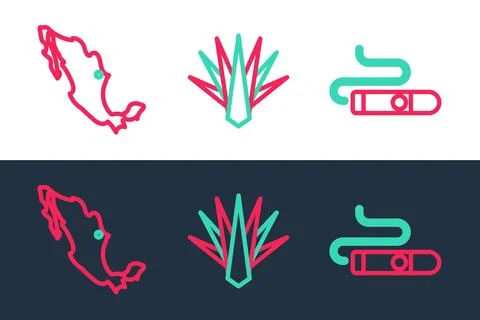 Set line Cigar, Map of mexican and Agave icon. Vector Stock Illustration