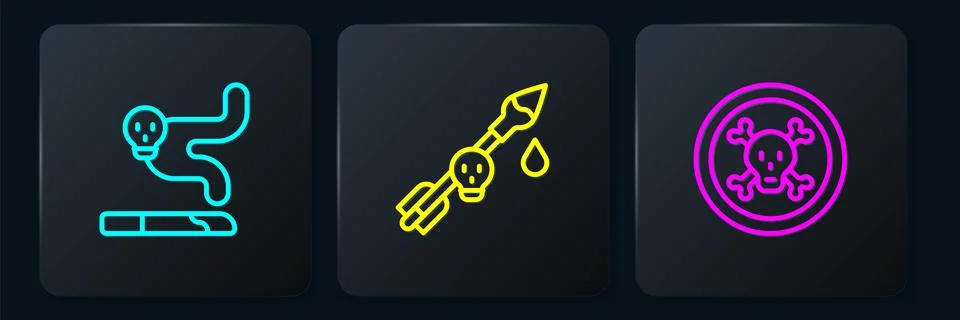 Set line Cigarette, Bones and skull and Poison the arrow. Black square button Stock Illustration