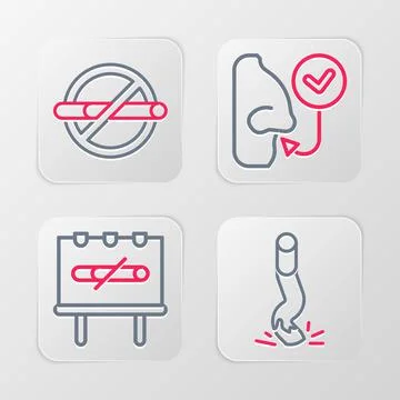 Set line Cigarette butt, No smoking, Healthy breathing and  icon. Vector Stock Illustration