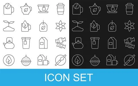 Set line Cigarette, Candy, Flower, Cup with tea bag, of leaf, Tea, time and.. Illustration