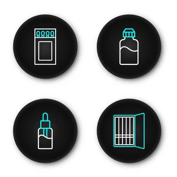 Set line Cigarette case, Vape liquid bottle,  and Matchbox and matches icon.. Ilustração Stock
