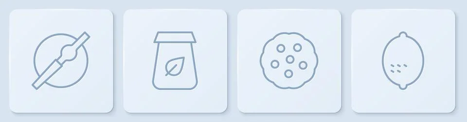 Set line Cigarette, Cookie or biscuit, Tea packaging and Lemon. White square Illustrazione stock