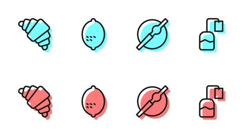 Set line Cigarette, Croissant, Lemon and Tea bag icon. Vector 스톡 일러스트