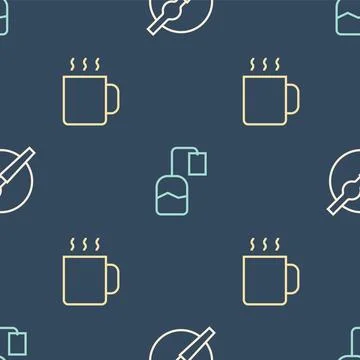 Set line Cigarette, Cup of tea and Tea bag on seamless pattern. Vector Stock Illustration