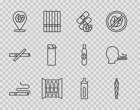 Set line Cigarette, Marijuana joint, spliff, Medical nicotine patches, Tobacco Illustrazione stock