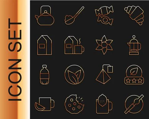 Set line Cigarette, Tea leaf, French press, Candy, Cup of tea with milk, Paper Illustration