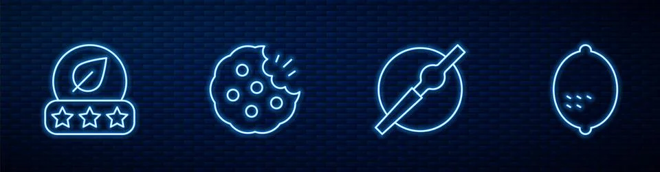 Set line Cigarette Tea leaf Cookie or biscuit and Lemon. Glowing neon icon on Stock Illustration