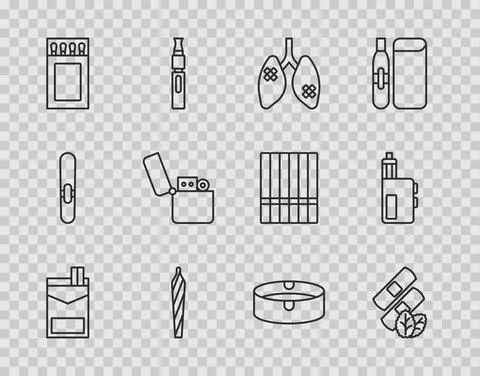 Set line Cigarettes pack box, Medical nicotine patches, Disease lungs, Marijuana Ilustración de archivo